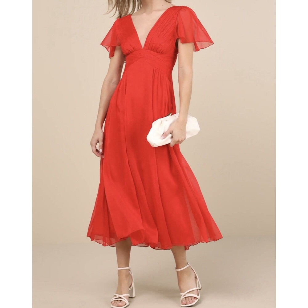 Lulus Women Dress XL Ideal Perception Midi Red Flutter Sleeve V Neck Wedding NWT - Picture 3 of 16